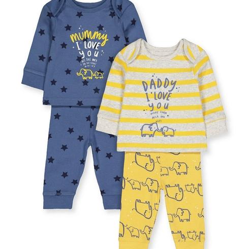 Boys Full Sleeves Pyjamas Elephant And Text Print - Pack Of 2 - Navy Yellow