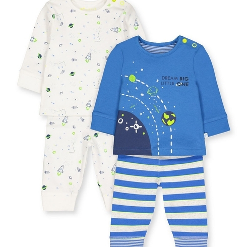Boys Full Sleeves Pyjamas Space Print - Pack Of 2 - Blue White