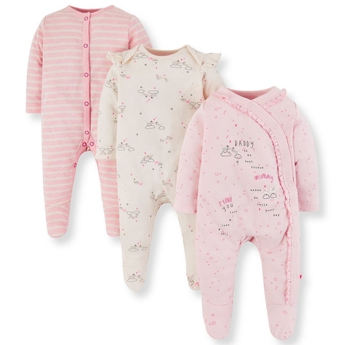 Girls Full Sleeves Sleepsuit Glitter Text Print And Stripe - Pack Of 3 - Pink