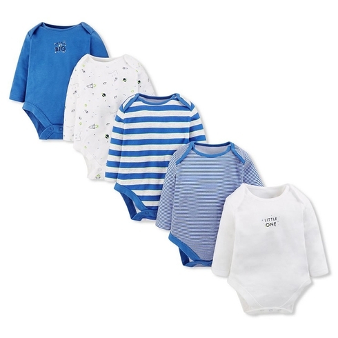 Boys Full Sleeves Bodysuit Space Print And Stripe - Pack Of 5 - Blue White