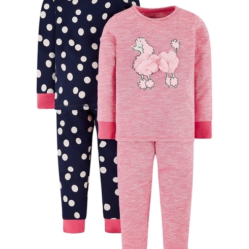 Girls Full Sleeves Pyjamas 3D -Poodle Design With Polka Dot - Pack Of 2 - Pink Black