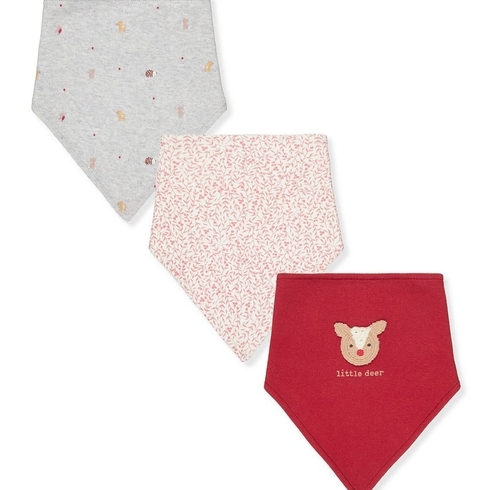 Girls Toweling Bibs Deer Embroidery And Animal Print - Pack Of 3 - Red White Grey