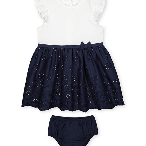 Heritage Navy Broderie Skirt Dress And Knickers Set