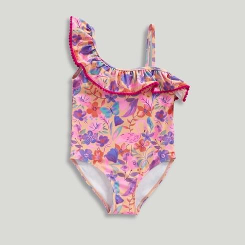Mothercare Junior Girls Asymmetric Floral Swimsuit-Pink