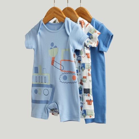 Mothercare Essentials Boys Vehicle Printed 100% Cotton Rompers-Pack of 3-Blue