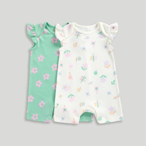 Mothercare Baby Essentials Girls Garden 100% Cotton Floral Rompers-Pack of 2-Whiteand Green