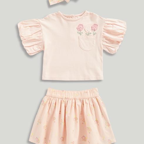 Mothercare Girls Nature's Blossom 100% Cotton Skirt, Top and Headband 3-Piece Set-Light Pink