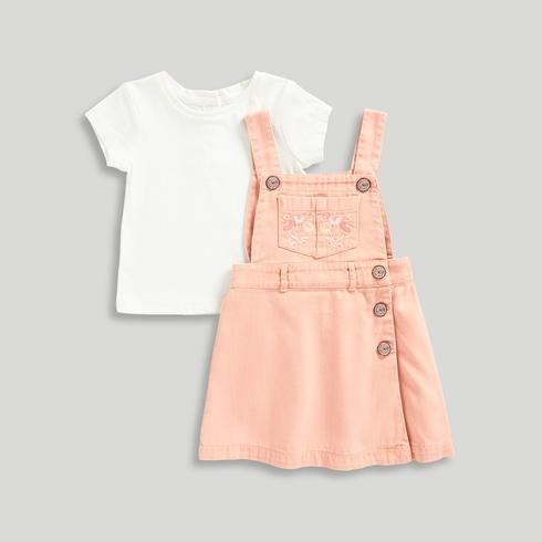 Mothercare Girls Nature's Blossom Pinny Dress and T-Shirt 2-Piece Set-Pink