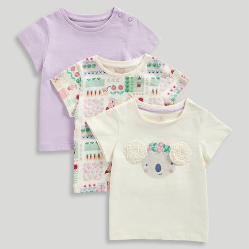 Mothercare Girls Koala Meadow Embroidered T-Shirts-Pack of 3-Purple