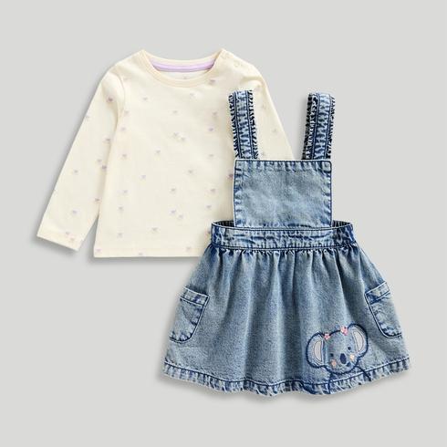 Mothercare Girls Koala Meadow Denim Pinny and T-Shirt 2-Piece Set-Blue
