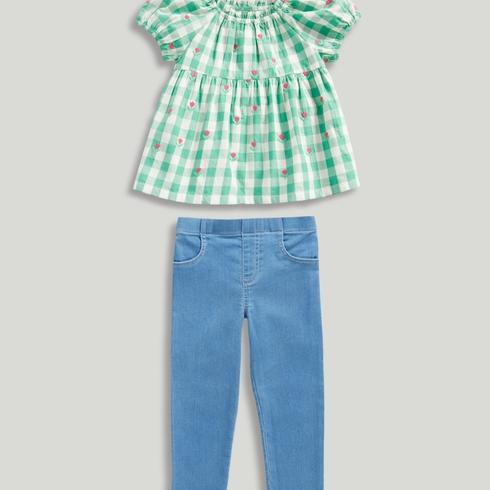 Mothercare Girls Koala Meadow Gingham Blouse and Jeggings 2-Piece Set-Green