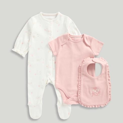 Mothercare Girls Floral Summer 100% Cotton Sleepsuit, Bosysuit and Bib 3-Piece Gift Set-Light Pink
