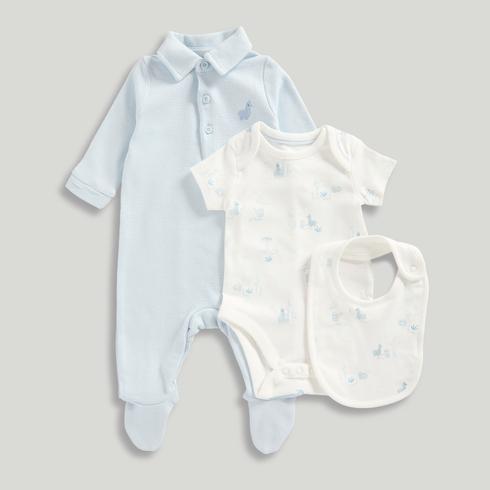 Mothercare Boys Classic Sloth And Friends 100% Cotton All-In-One, Bodysuit and Bib 3-Piece Outfit Set-Light Blue