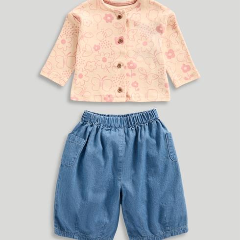 Mothercare Girls Wild Meadow Contemporary 100% Cotton Top and Trouser 2-Piece Set-Pink