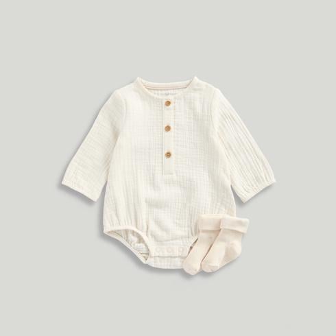Mothercare Unisex Neutral Botanicals Muslin Bodysuit and Socks 2-Piece Set-Cream