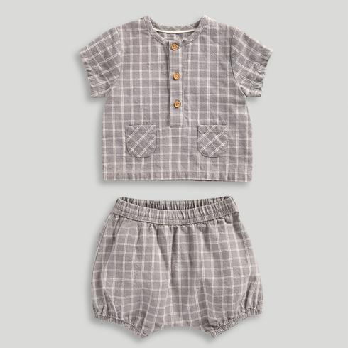 Mothercare Unisex Neutral Botanicals Checked 100% Cotton Top and Shorts 2-Piece Set-Dark Grey