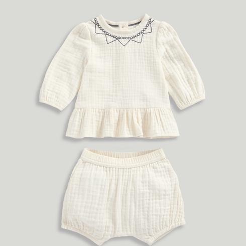 Mothercare Girls Neutral Botanicals Muslin Top and Shorts 2-Piece Set-Cream