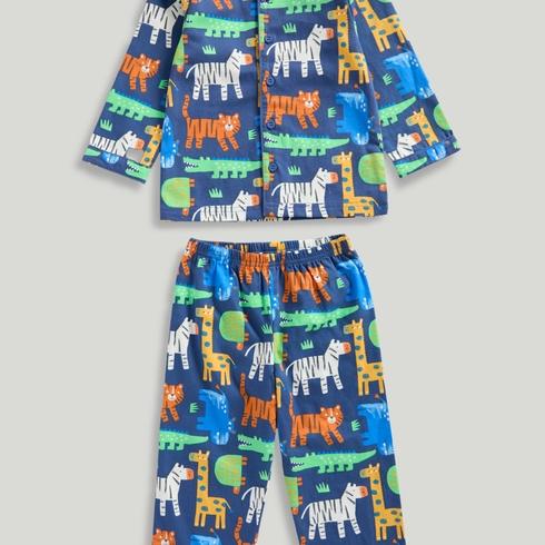 Mothercare Boys Nightwear Animal All-Over-Printed 100% Cotton Woven 2-Piece Pyjama Set-Navy