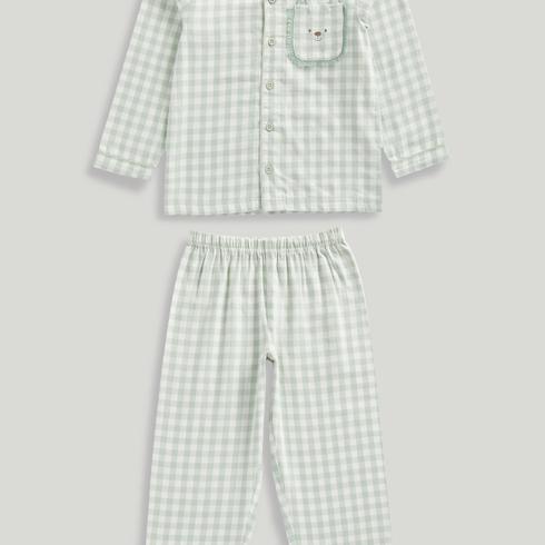 Mothercare Boys Nightwear Gingham Checked 100% Cotton Woven 2-Piece Pyjama Set-Green