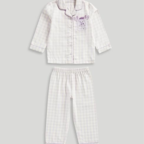 Mothercare Girls Nightwear Gingham 100% Cotton Woven 2-Piece Pyjama Set-Purple