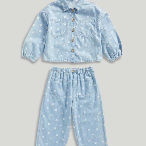 Mothercare Girls Sunflower Denim Blouse and Trousers 100% Cotton 2-Piece Set-Blue