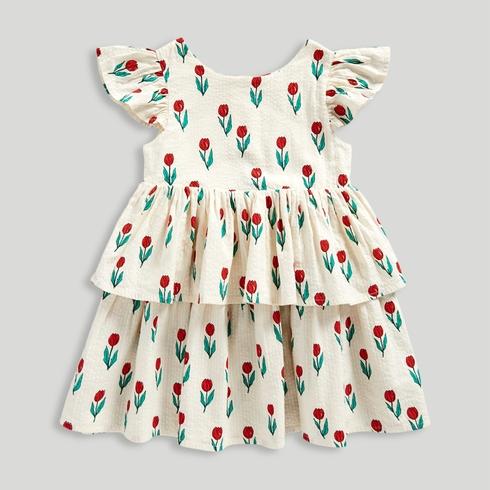 Mothercare Junior Girls Be Mine 100% Cotton Seersucker Frill Dress-Cream