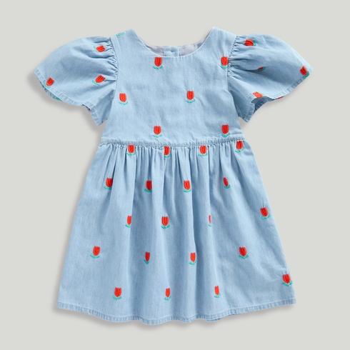 Mothercare Junior Girls Be Mine Denim Embroidered Dress-Blue