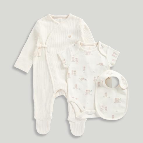 Mothercare Unisex Classic Soft Melody 100% Cotton Meerkat Sleepsuit, Bodysuit and Bib 3-Piece Set-Cream
