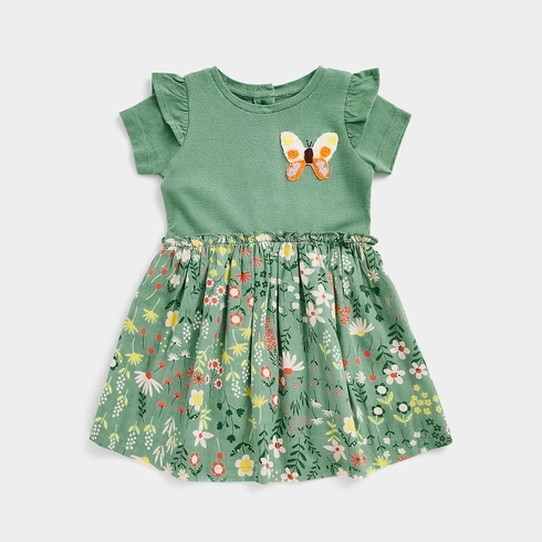 Mothercare Girls Short Sleeve Butterfly Print Casual Dress -Green