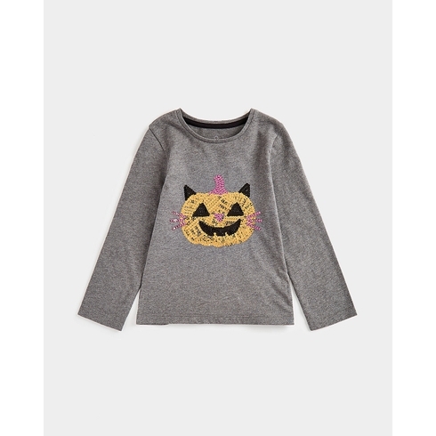 Girls Full Sleeves T-Shirts Halloween Design-Grey