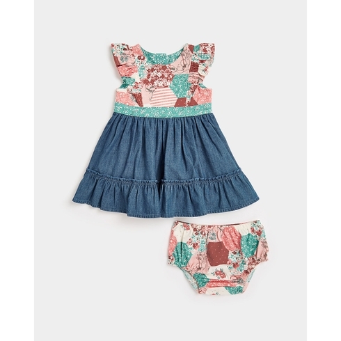 Girls Sleeveless Dress with Knickers Frilled Hem-Multicolor