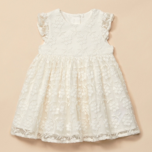 Girls Half Sleeves Floral Embroidery Mesh Dress - White