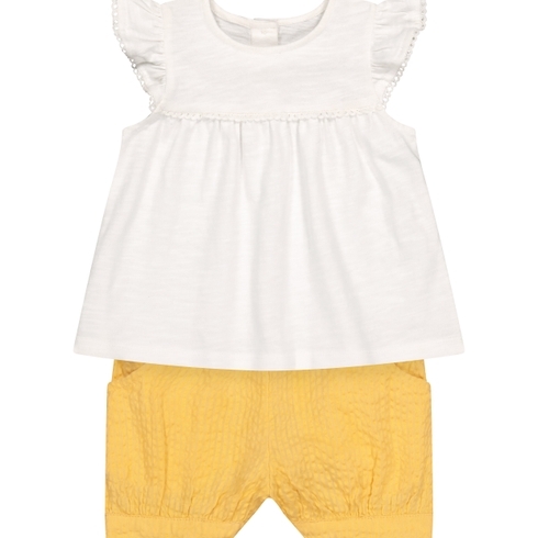Girls Half Sleeves Lace Details Top And Shorts Set - White Yellow