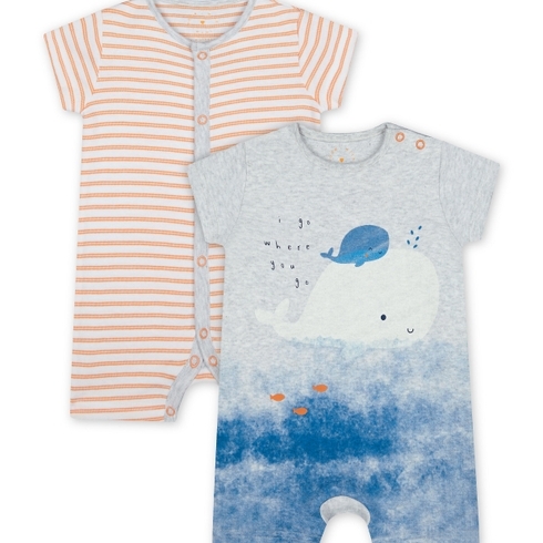 Boys Half Sleeves Whale Print And Striped Romper - Pack Of 2 - Multicolor