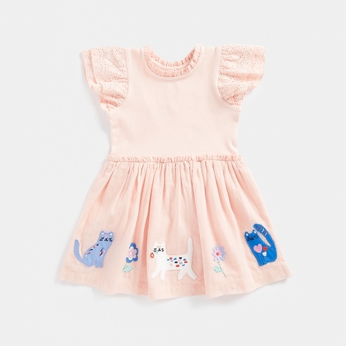 Mothercare Girls Half Sleeves Cat Print Casual Dress -Pink