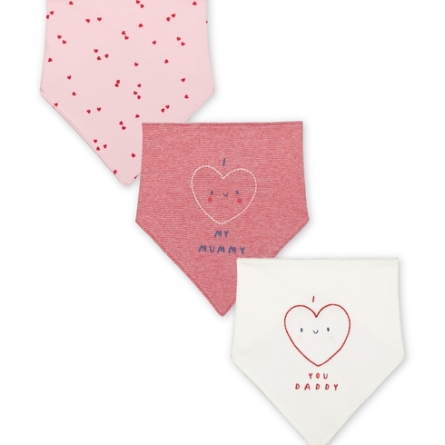Girls Bibs Heart Print And Embroidery - Pack Of 3 - Pink Red White - Pink