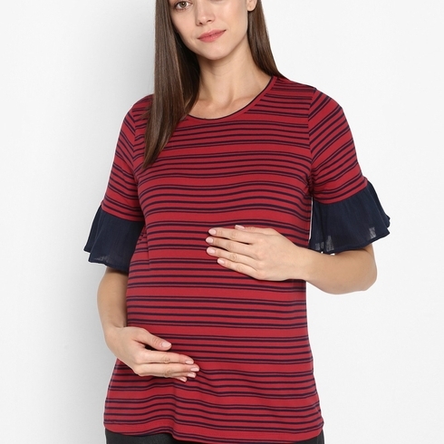 Momsoon women maternity half sleeve top-Striped Red