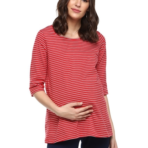 Momsoon women maternity three-fourth sleeves top-Striped Red