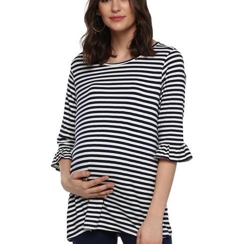 Momsoon Women Maternity Three-Fourth Sleeves Top-Striped Blue
