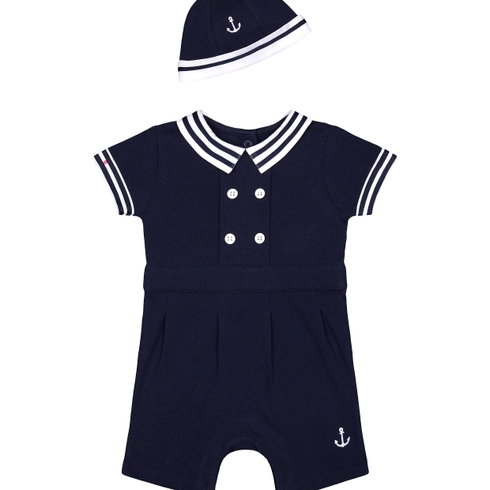 Boys Half Sleeves Romper And Hat Set Anchor Embroidery - Navy