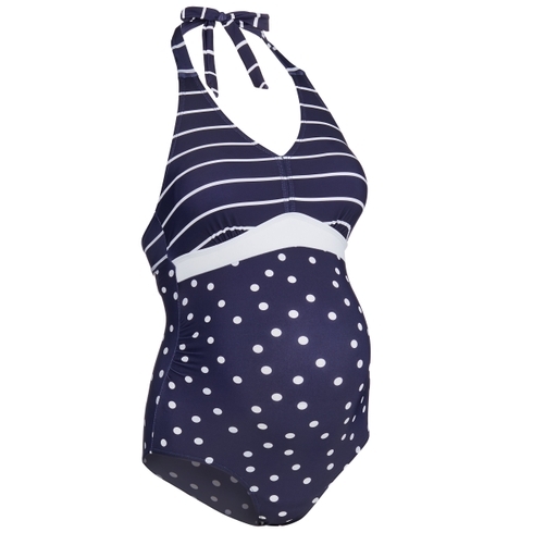 Women Maternity Sleeveless Swimsuit Striped And Polka Dot Print - Navy