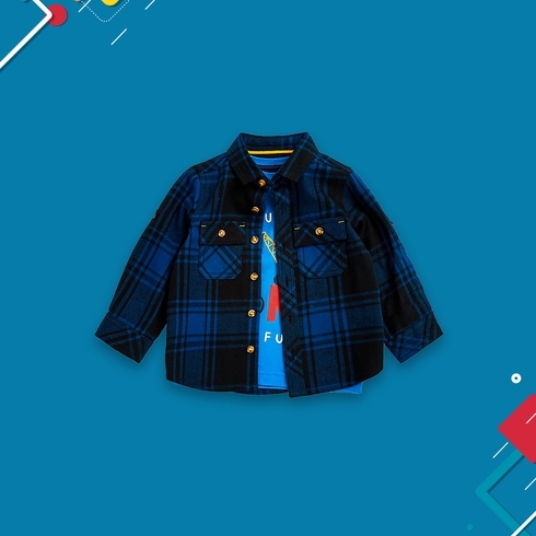 Boys Full Sleeves Shirt With T-Shirt Checked-Blue