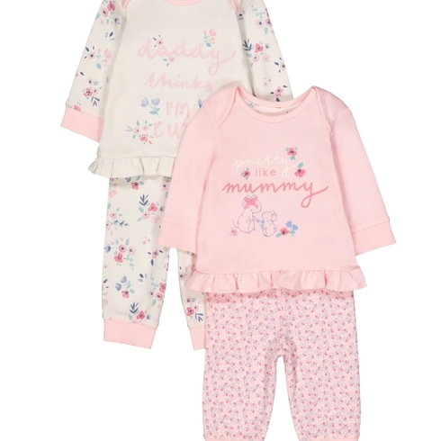 Girls Full Sleeves Embroidered Floral Pyjamas - Pack Of 2 - Pink