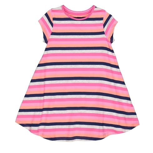 Girls Half Sleeves Striped Casual Dress - Multicolor