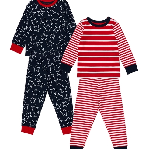 Boys Full Sleeves Pyjamas Stars Print And Stripes - Pack Of 2 - Navy Red