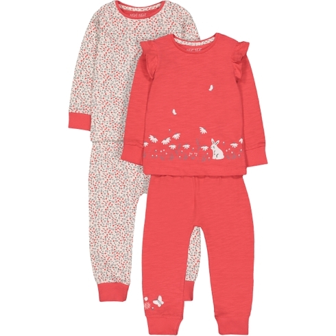 Girls  Pyjamas Floral Print With Bunny - Pack Of 2 - Red White
