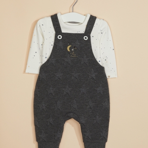 Grey Embossed Star Dungarees And Bodysuit Set