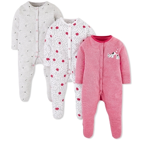 Girls Full Sleeves Spotty Puppy Print Sleepsuit - Pack Of 3 - Multicolor
