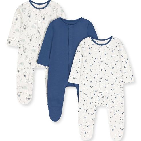 Boys Full Sleeves Little Bear And Star Print Sleepsuit - Pack Of 3 - Multicolor
