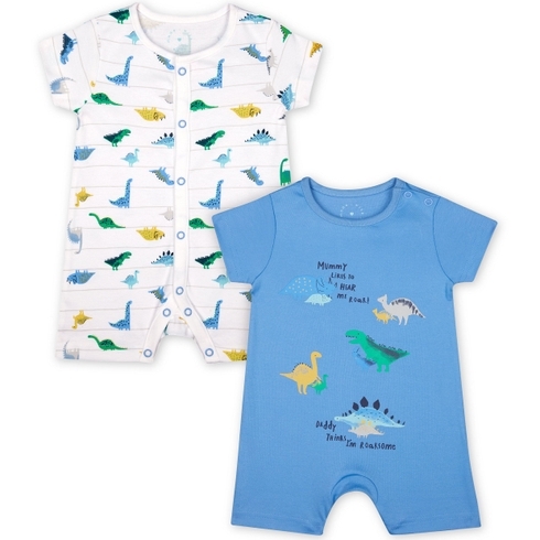 Boys Half Sleeves Rompers Dinosaur And Text Print - Pack Of 2 - Blue White